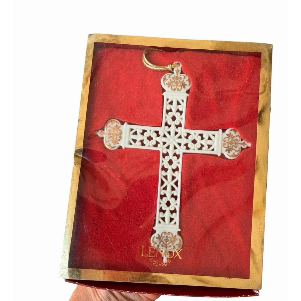 Vintage LENOX Pierced Gold Cross Ornament w/ Crown Accents Christmas Holiday
